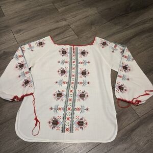 Bohemian White Cotton Tunic and Red Embroidered Blouse